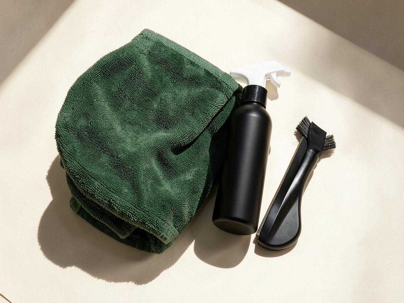 Microfiber towel, bottle, and brush arranged for vehicle care