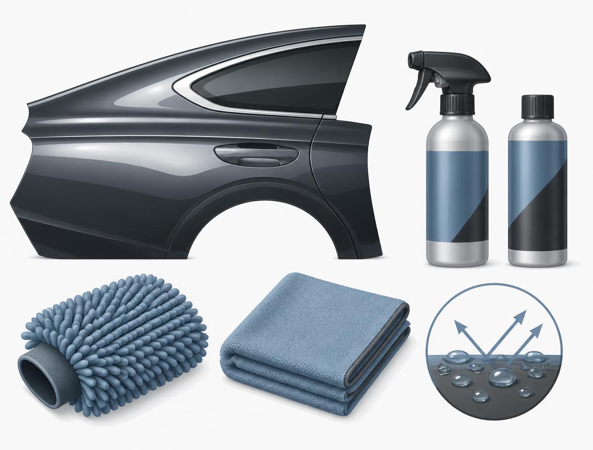 Paint care tools arranged beside an automotive surface